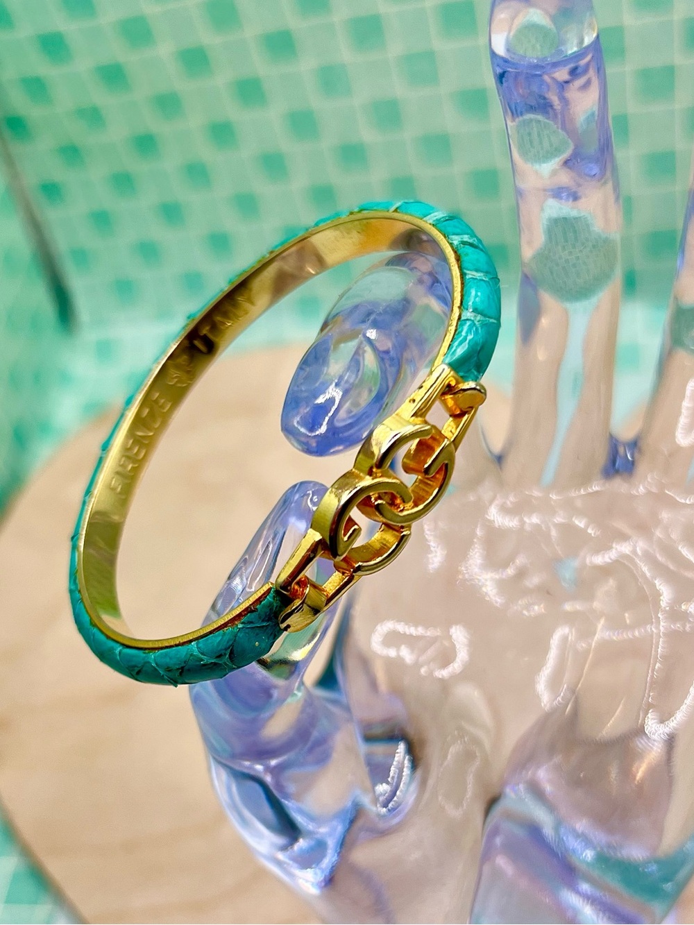 Vintage Firenze Italy Turquoise Leather Gold Tone Hinged Bracelet Bangle